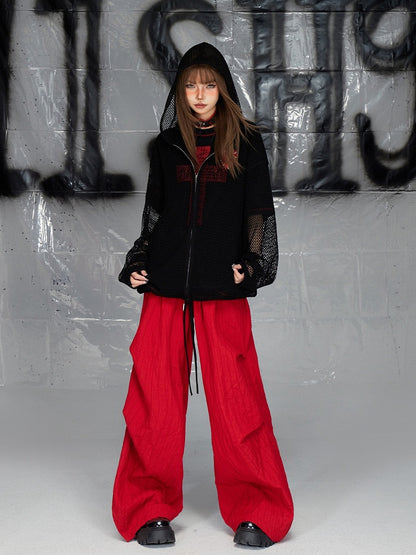 ブラック 中空ハートアップリケ ジップ開閉 長袖 ニットトップス