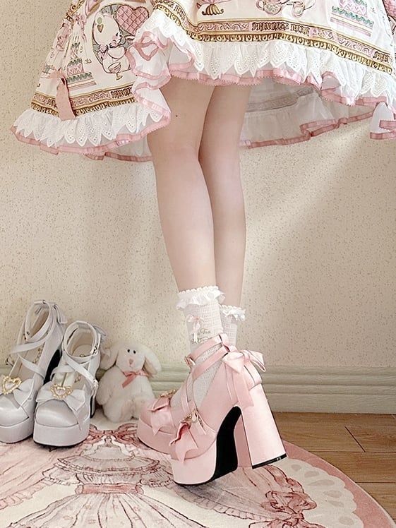 Decorative Pink Heart High Shoes Bow Sweet - Block Heel