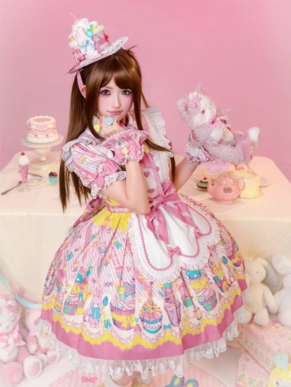 and Dress Print Maid Peter Pan Yellow Lolita Pink Bunny Cupcake Collar