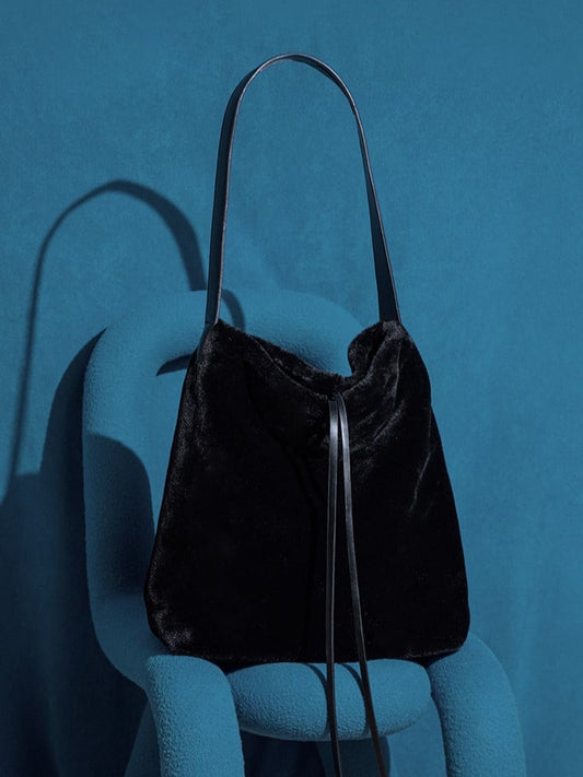 Luxurious Black Plush Shoulder Tote With Drawstring Closure