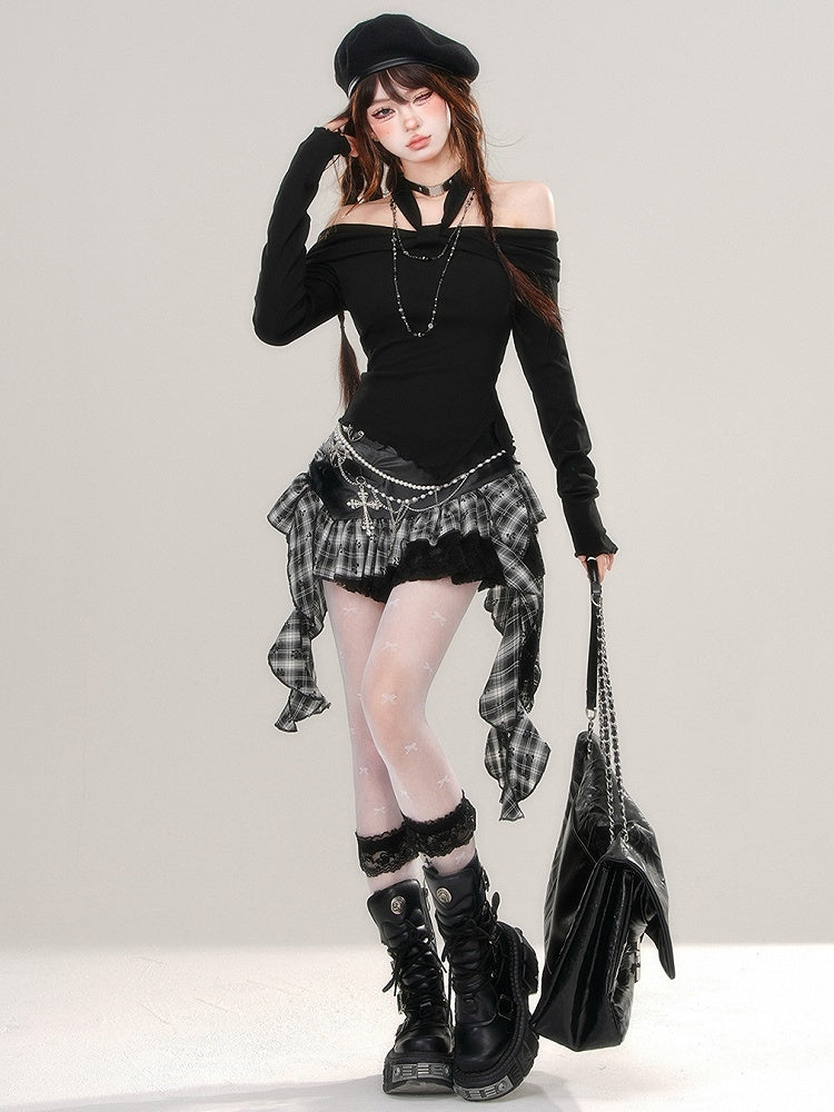 Black/Red Asymmetrical Slit Hem Halter Neck Top