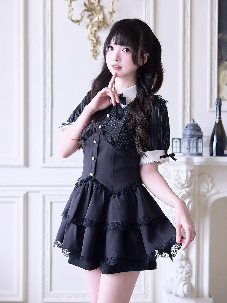 Shorts, Faux-Zweiteiler und Kleid, mehrlagiger Kei-Rock, Spitze, schwarzer Jirai-Streifen-Set – Besatz