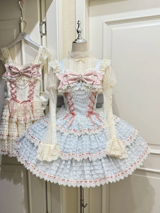 Blue Lolita Lace-up Bead Chain Details with Dress Accent Bow JSK