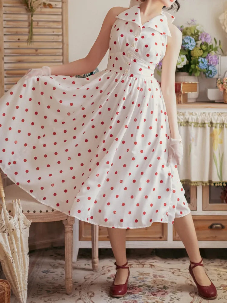Muster Polka Kleid Punkte Schleife Halfter Big Fashion Retro Print Rückenfrei Rücken Hals