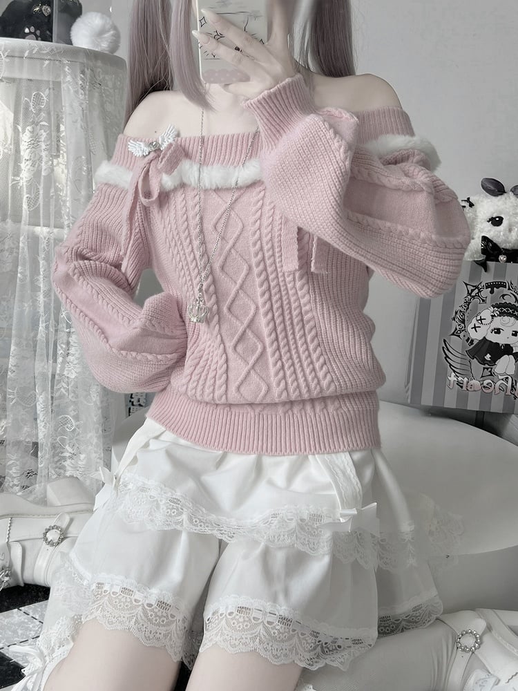 Jirai Kei – Rosafarbener Pullover im Landminen-Stil mit schulterfreier Schleife