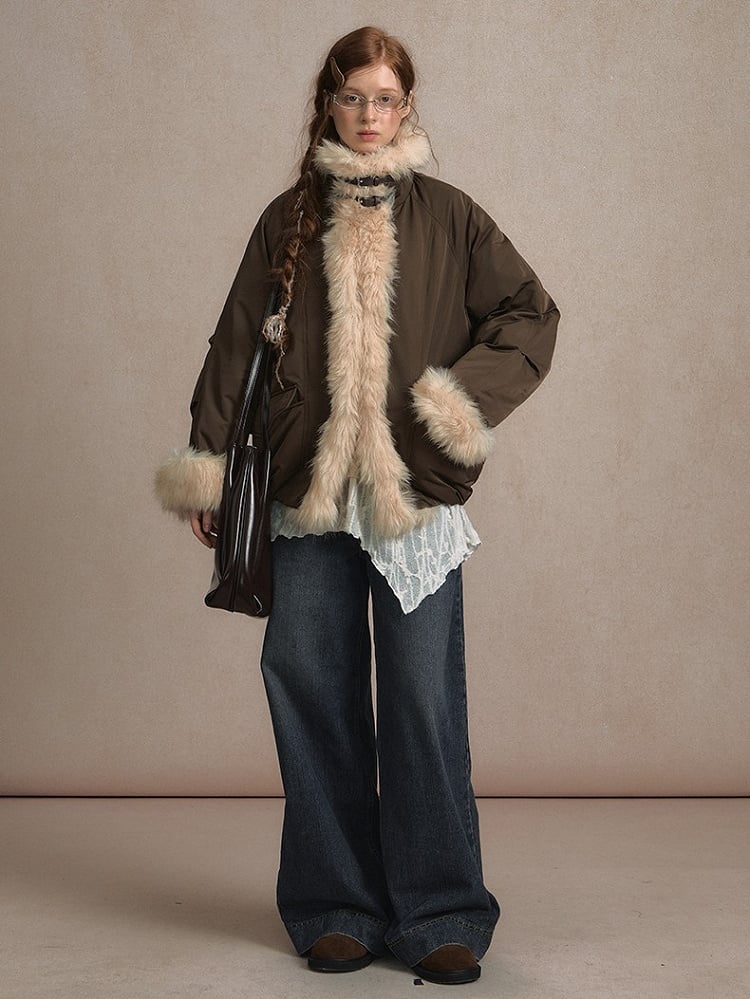 Light Gray/Brown Puffer Jacket with Buckle Strap and Plush Trim