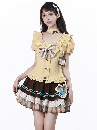 Sweet Kawaii Yellow Puff Sleeve Waist-Cinching Blouse with Ruffles, Bow, and Choker Set - PINK SAVIOR