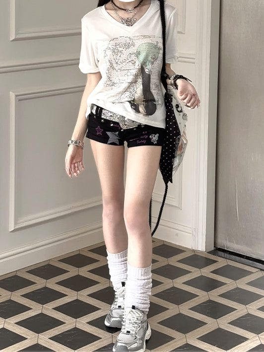 Green/Pink Anime Girl Print V-neck T-shirt