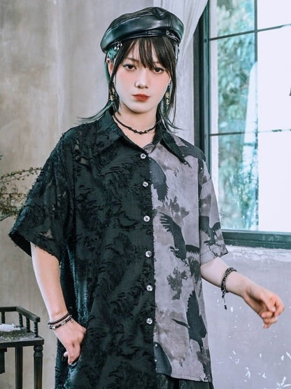 Gothic Crow-Print Asymmetric Shirt in Black & White - Quirky Hut