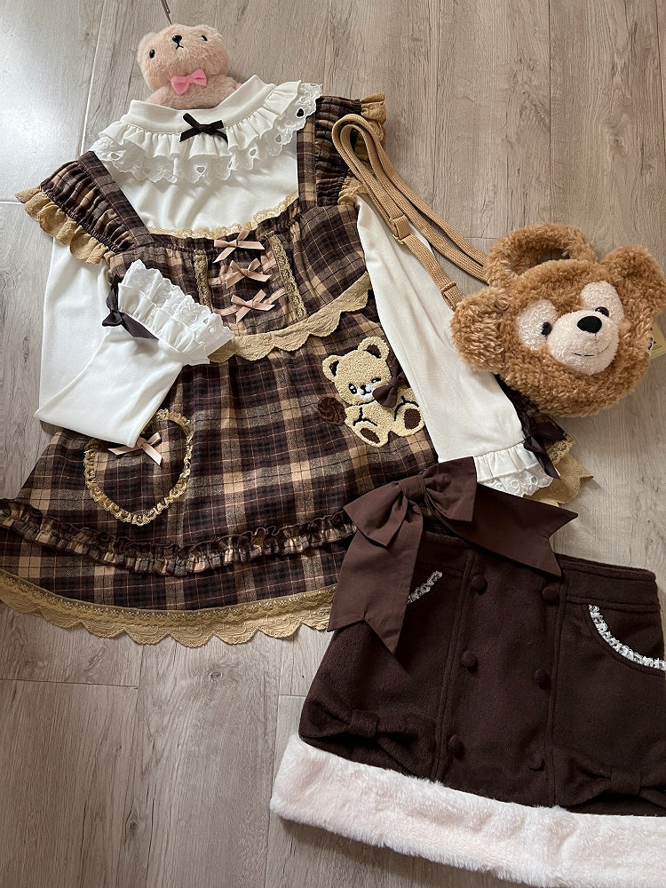 Sleeves Kawaii Soft Brown Plaid Dress Flutter with