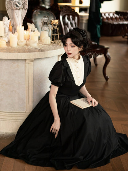 Elegant Neckline Beige Dress Waist One Piece Ruffle Sleeves Short Lolita Slim Black