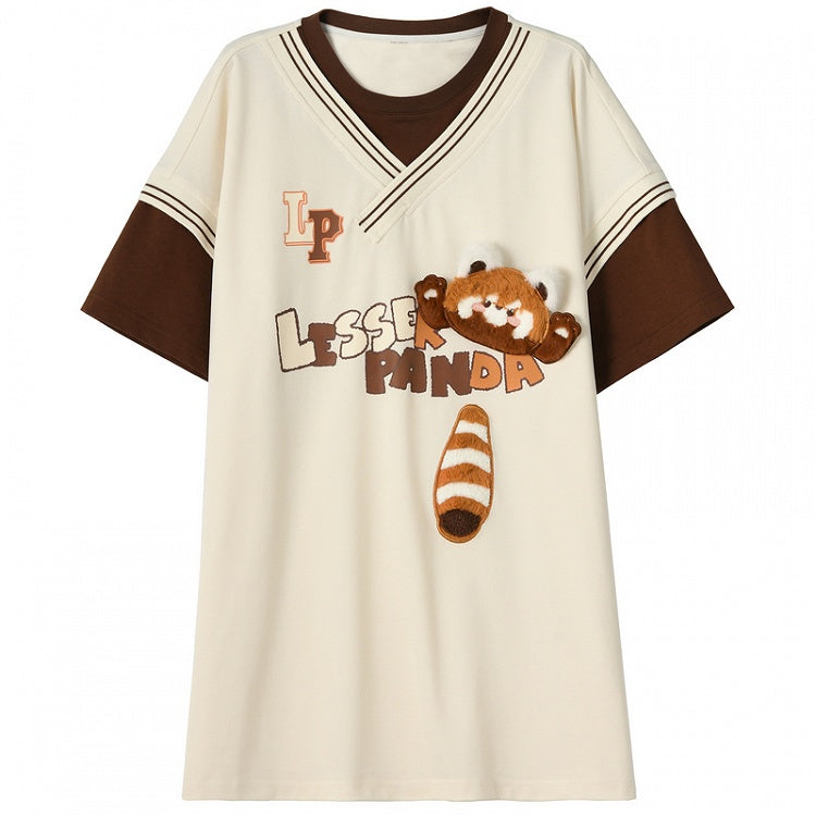 Long/Short Fashion Version T-Shirt with Detachable Plush Red Millard Panda Brown