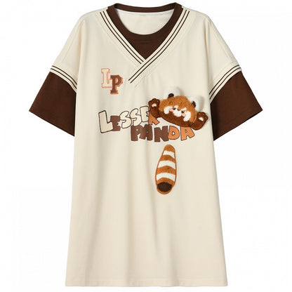 Long/Short Fashion Version T-Shirt with Detachable Plush Red Millard Panda Brown