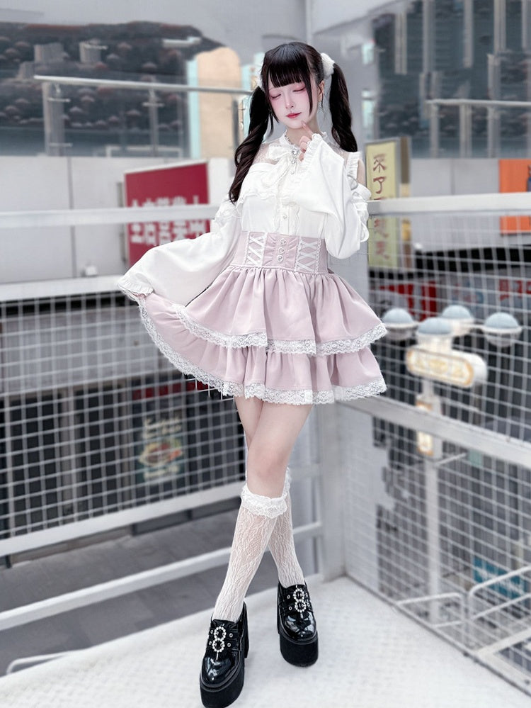 Sleeves with Shoulder Cutouts Jirai Top White Flared Outfit: Style Kei