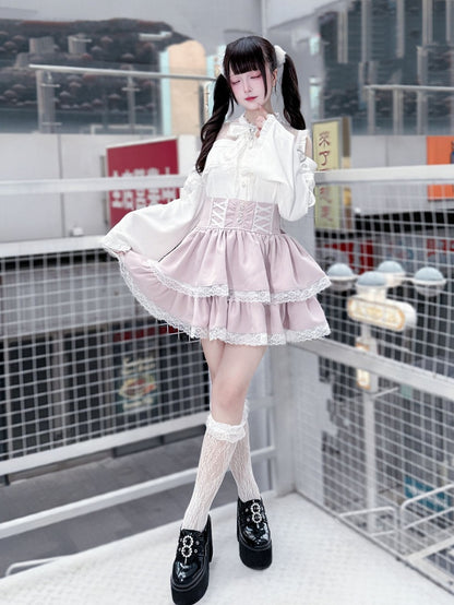 Sleeves with Shoulder Cutouts Jirai Top White Flared Outfit: Style Kei