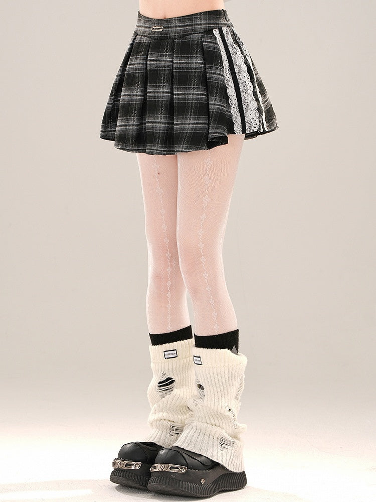 チェック柄アクセントのボックスレースブラックプリーツミニスカート