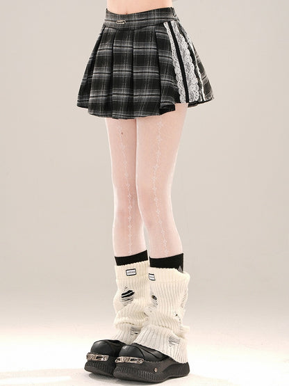 レースミニスカート アクセント プリーツ ボックスチェック ブラック