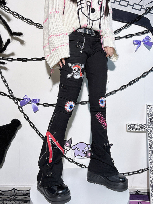 Kawaii with Buckle Black Accents Pants Straps Guro Eyeball and Flared Zipper Graphic Skeleton