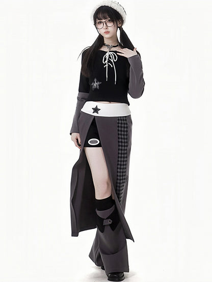 Schwarzes Top mit schulterfreiem Ausschnitt, Stern-Applikation und Schnürdetail