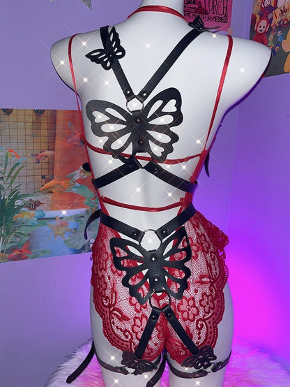 Harness Design Strumpfband mit Gürtel Schmetterling Schwarz PU