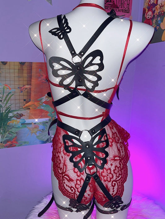 ハーネスデザインガーターベルト付きバタフライブラックPU