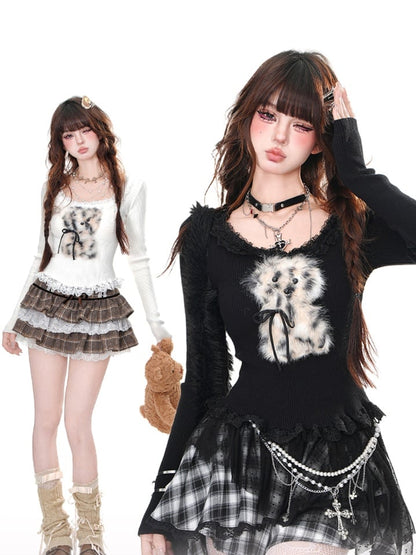 Adorable Plush Puppy Ruffled Neckline and Hem Black Glamorous Knitted Top
