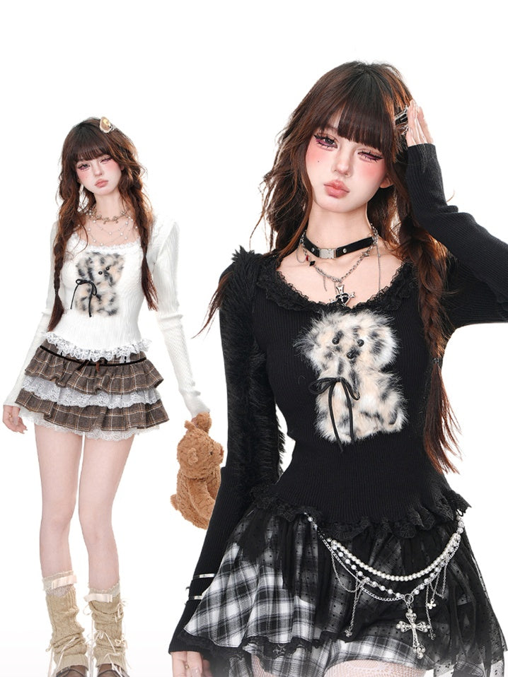 Glamouröses schwarz/grau/weißes Acubi Fashion Ausschnitt Saum Rüschen Plüsch Welpen Stricktop Entzückend und