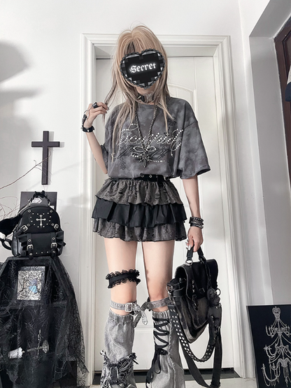 Beaded Punk Cross Short Gray Print with Tie-Dye T-shirt Lettering Sleeve