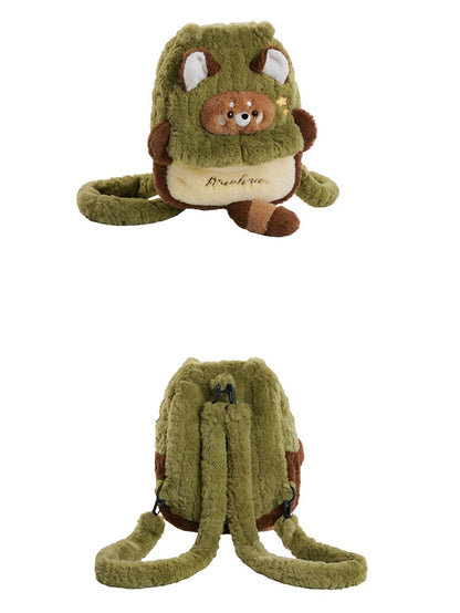 緑と茶色のかわいいレッサーパンダのぬいぐるみバックパック