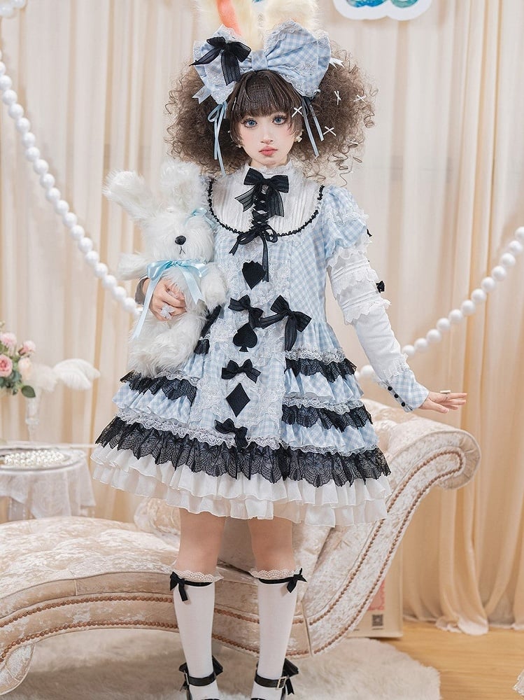 Alice in Wonderland Blue & White Gingham Sweet Lolita Dress with Tiered Ruffles - Hinana Queena