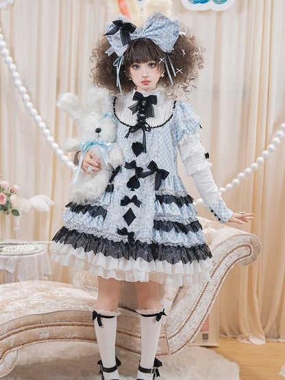 Alice in Wonderland Blue & White Gingham Sweet Lolita Dress with Tiered Ruffles - Hinana Queena