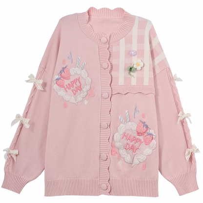 Spitze Bowknots Erdbeerkuchen Stickerei Yume Kawaii Rosa Strickjacke