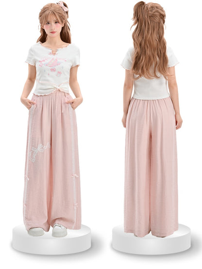 Sweet T-Shirt Big Hem Lettuce Hem White Cake Print Neckline Pins Bow