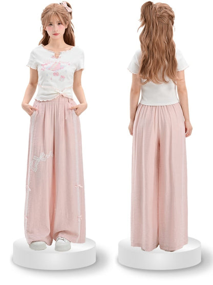 Sweet Regular/Short Pink High Version Waist Wide-Leg Pants Bowknot Embroidery