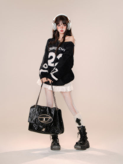 Core Clearance-Size Blokette Bust Mohair Sweater Asymmetrical Black Pattern for M Number 61CM Neckline