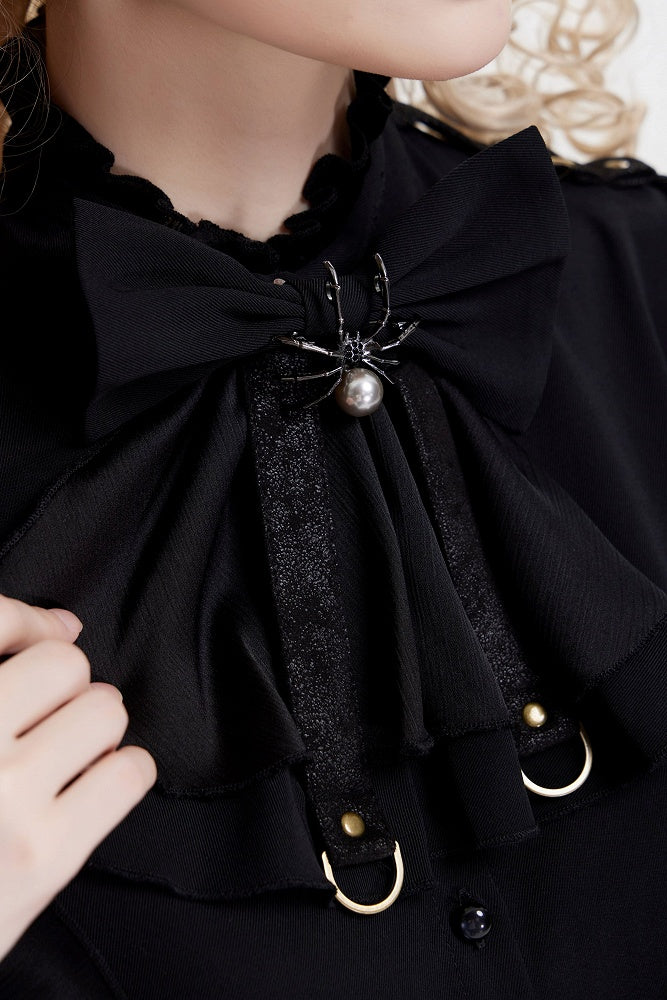 High Neck Long Sleeve Black Shirt with Ruffle Cuffs and Spider Bowtie - DevilInspired Exclusive Collection