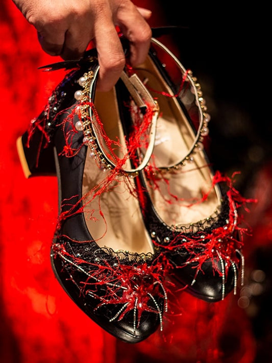 Verzierte Heels BlauRot Lolita Block Spider Charm Design Schuhe Perlen Gothic 5CM/8,5CM Herz