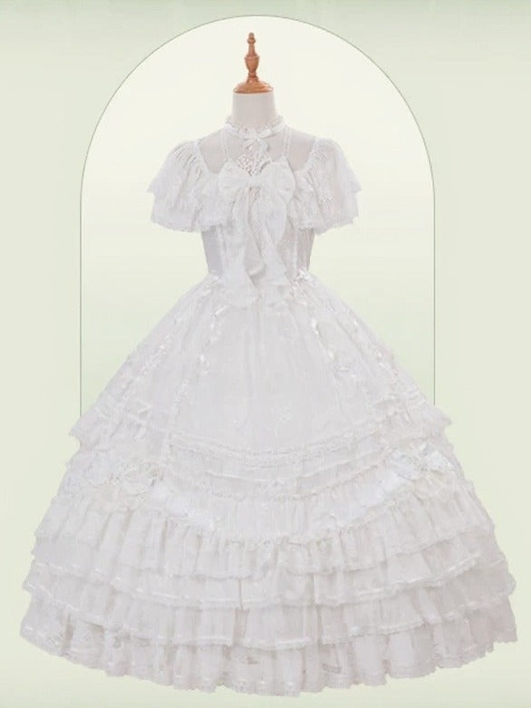Ivory Floral Embroidered Lolita Gown with Lace Trim and Bow Train - Mademoiselle Pearl