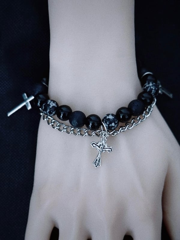 Black Bracelet Beaded with Gothic Chains Cross Handmade Charm