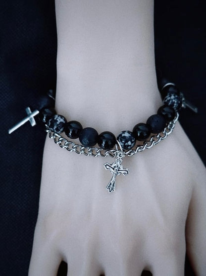 Black Bracelet Beaded with Gothic Chains Cross Handmade Charm