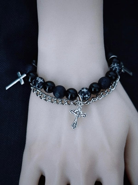 Black Bracelet Beaded with Gothic Chains Cross Handmade Charm