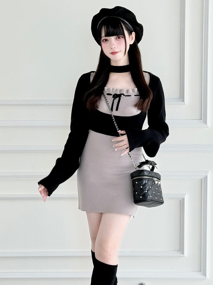 Black and Top Slip in Jirai Kei Refined - Purple Open-Bust Set Dress Style