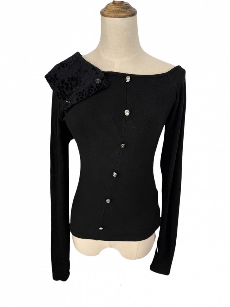 Asymmetrical Lace Button-Up Gothic Top Detachable Flocked Cape with