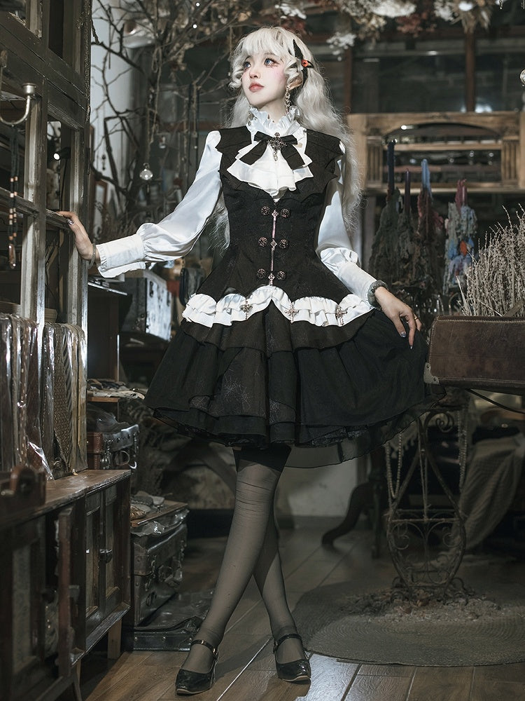 Gothic Ensemble: White & Black Lolita Shirt, Cross Charm Waistcoat, Spider Web Skirt - Unknown Star