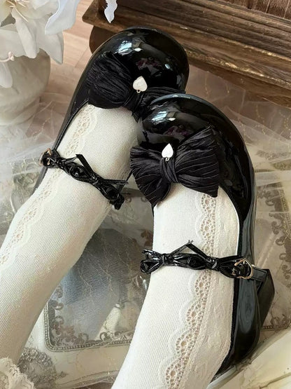 and Heel with for Sweet Lolita Low/Mid Bow Janes Toe Mary PU Details Accents Heart Black - Round