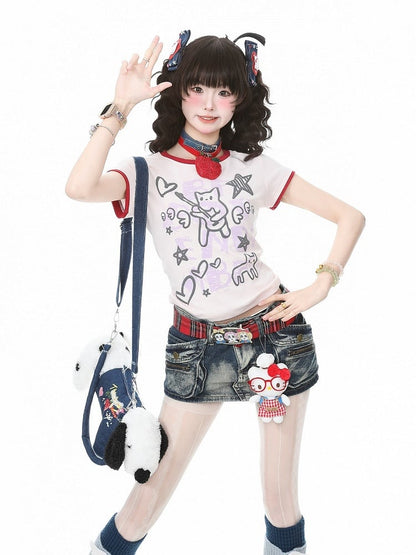 Pink Crew Neck Short Sleeve T-Shirt with Graffiti Prints - Languid Park