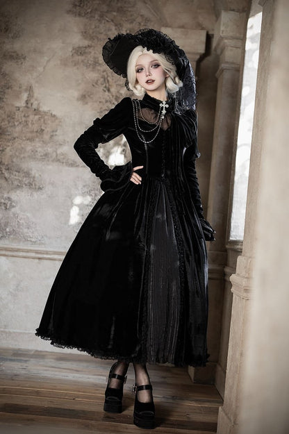 Dress Sleeves Lolita Mesh Gothic with Long Black Heart Neckline Illusion Velvet
