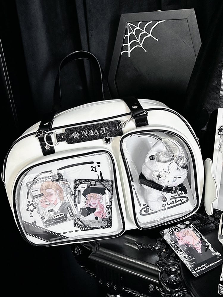 White & Black Contrast Trim Bread-shaped Ita Shoulder Bag