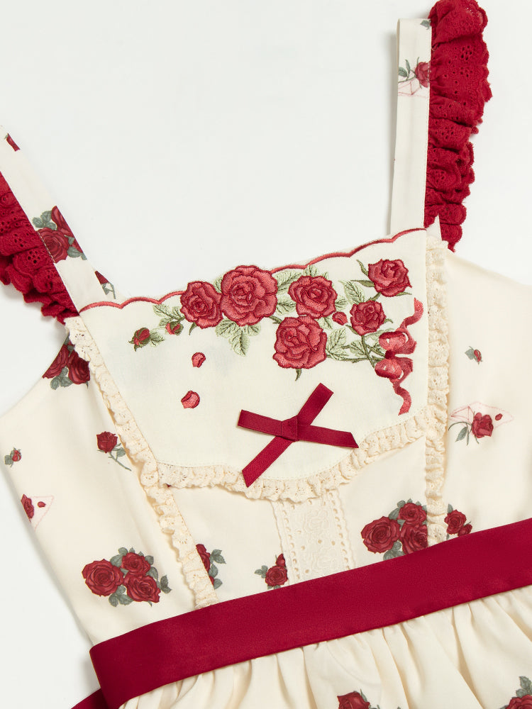 Classic Rose Tiered Floral Lolita Teapot Skirt Print Red and Jumper Dress