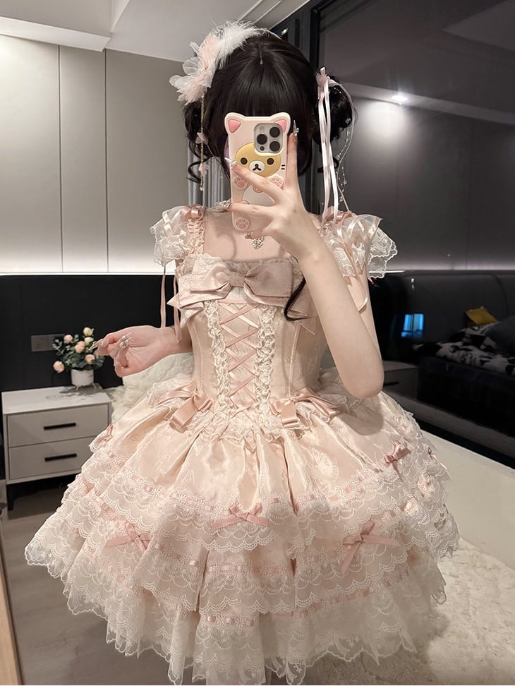 Details Dress Lace Jacquard with Lolita Pink Bow Princess Multi-Layered